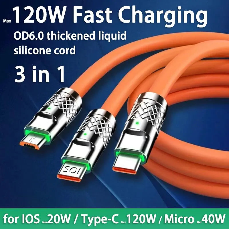3 in 1 120W 6A Fast Charging Type C Cable Micro USB for Iphone Charging Cable for Samsung Huawei Xiaomi Phone Charger USB Cable