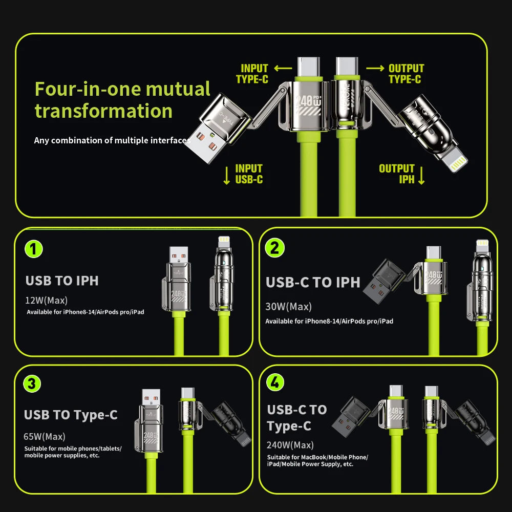 4-In-1 Kirsite Cable 240W Super Fast Charging Multiple Functions for Iphone8-16 Promax Ipad Notebook Tablet Mobile Phone Samsung