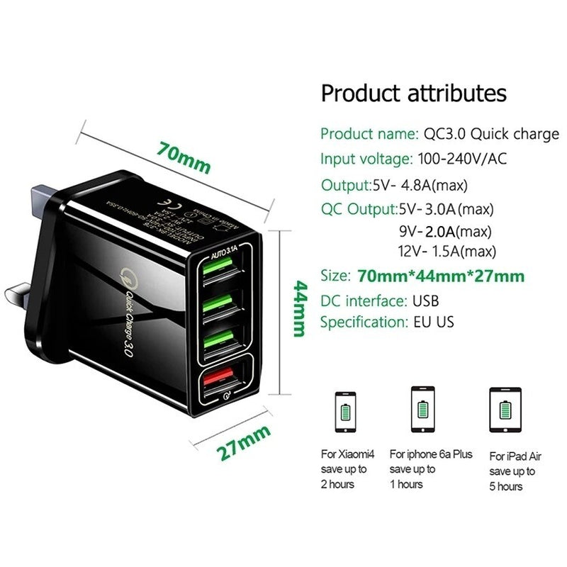 FAST 4 USB Port Qualcomm 3.0 Quick Charge Usb Wall Charger UK SELLER