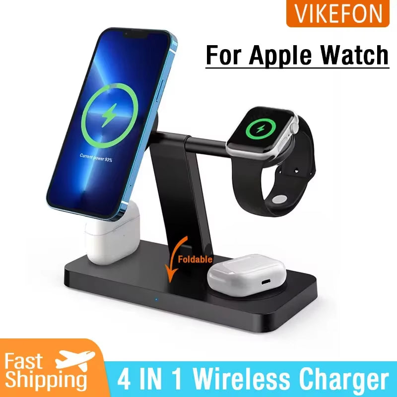 4 in 1 Magnetic Wireless Charger Stand Pad for Iphone 15 14 13 12 Pro Max Apple Watch 8-6 Airpods Foldable Fast Charging Station