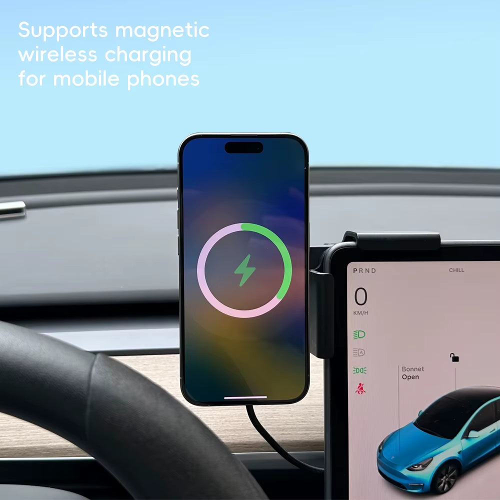 For Tesla New Model 3 Y HIGHLAND LAUNCH JUNIPER 2025 Car Phone Mount Holder 15W Magnetic Magsafe Wireless Charger Accessories