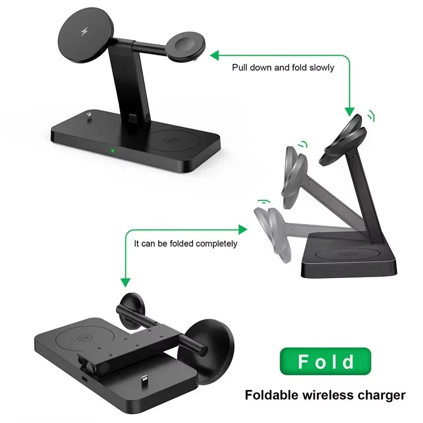 4 in 1 Magnetic Wireless Charger Stand Pad for Iphone 15 14 13 12 Pro Max Apple Watch 8-6 Airpods Foldable Fast Charging Station