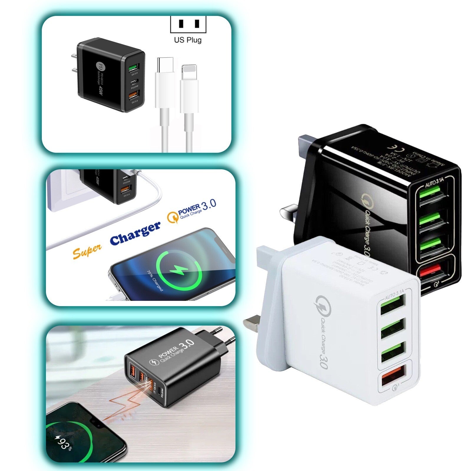 FAST 4 USB Port Qualcomm 3.0 Quick Charge Usb Wall Charger UK SELLER