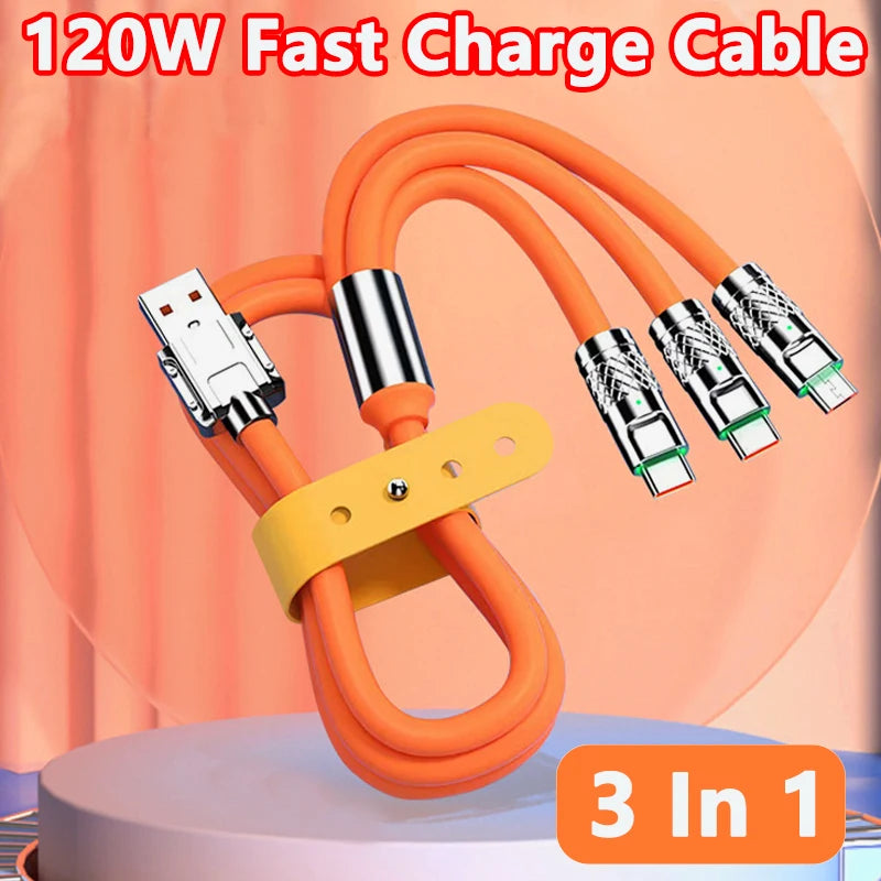 3 in 1 120W 6A Fast Charging Type C Cable Micro USB for Iphone Charging Cable for Samsung Huawei Xiaomi Phone Charger USB Cable