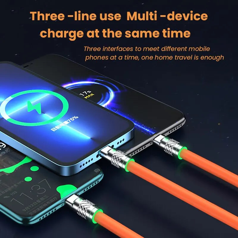 3 in 1 120W 6A Fast Charging Type C Cable Micro USB for Iphone Charging Cable for Samsung Huawei Xiaomi Phone Charger USB Cable