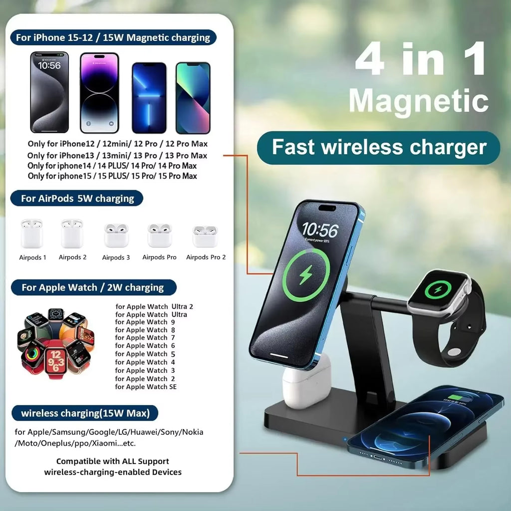 4 in 1 Magnetic Wireless Charger Stand Pad for Iphone 15 14 13 12 Pro Max Apple Watch 8-6 Airpods Foldable Fast Charging Station
