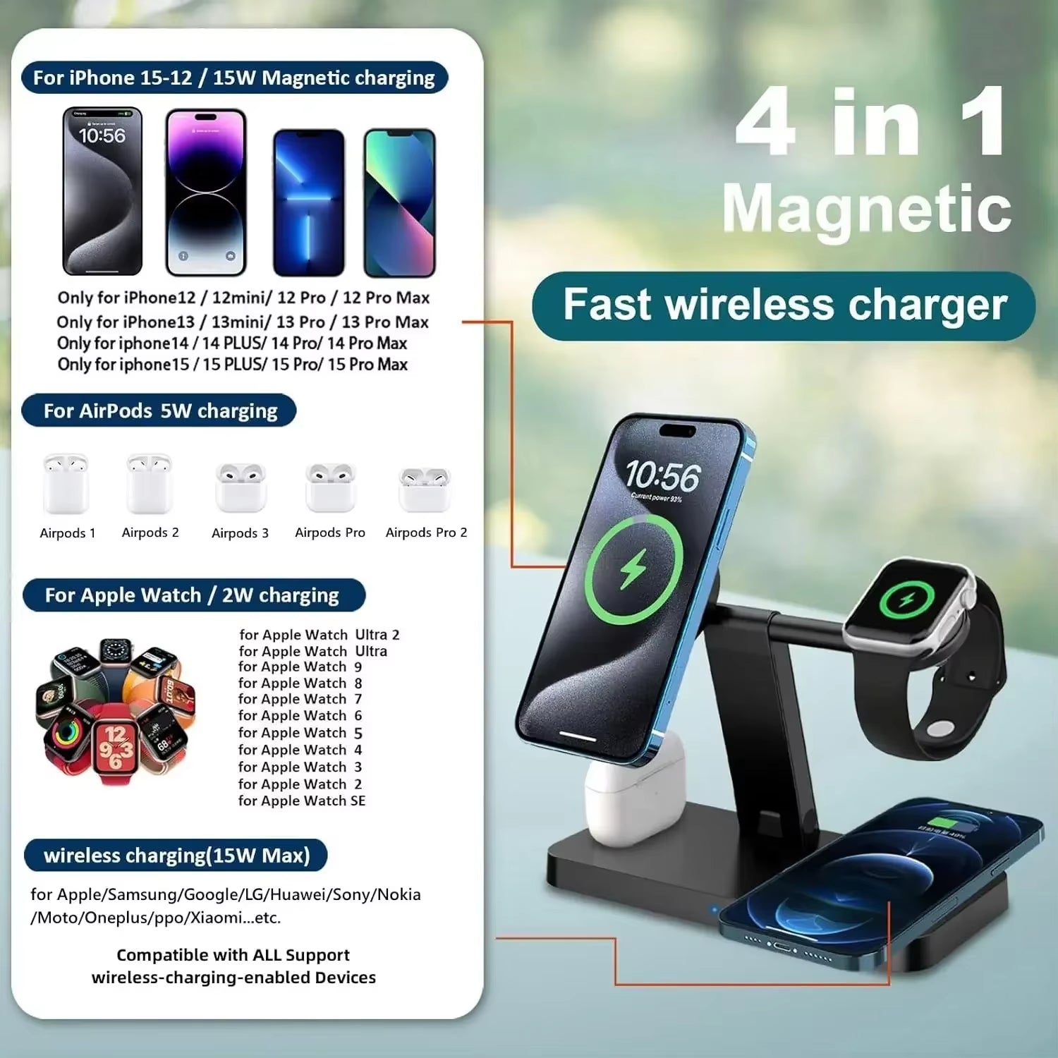 4 in 1 Magnetic Wireless Charger Stand Pad for Iphone 15 14 13 12 Pro Max Apple Watch 8-6 Airpods Foldable Fast Charging Station