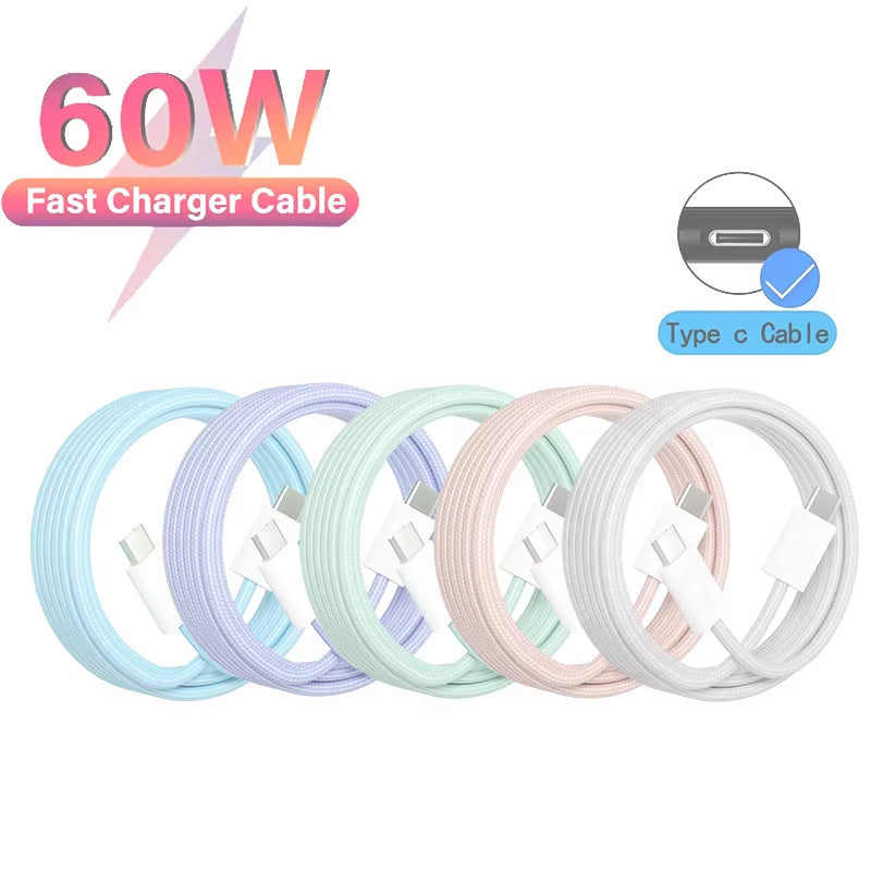 PD 60W Type C to Type C Color Cable for Iphone 15 15Pro Fast Charging for Xiaomi Samsung Huawei Type C Weaving Cable 1M 2M 3M